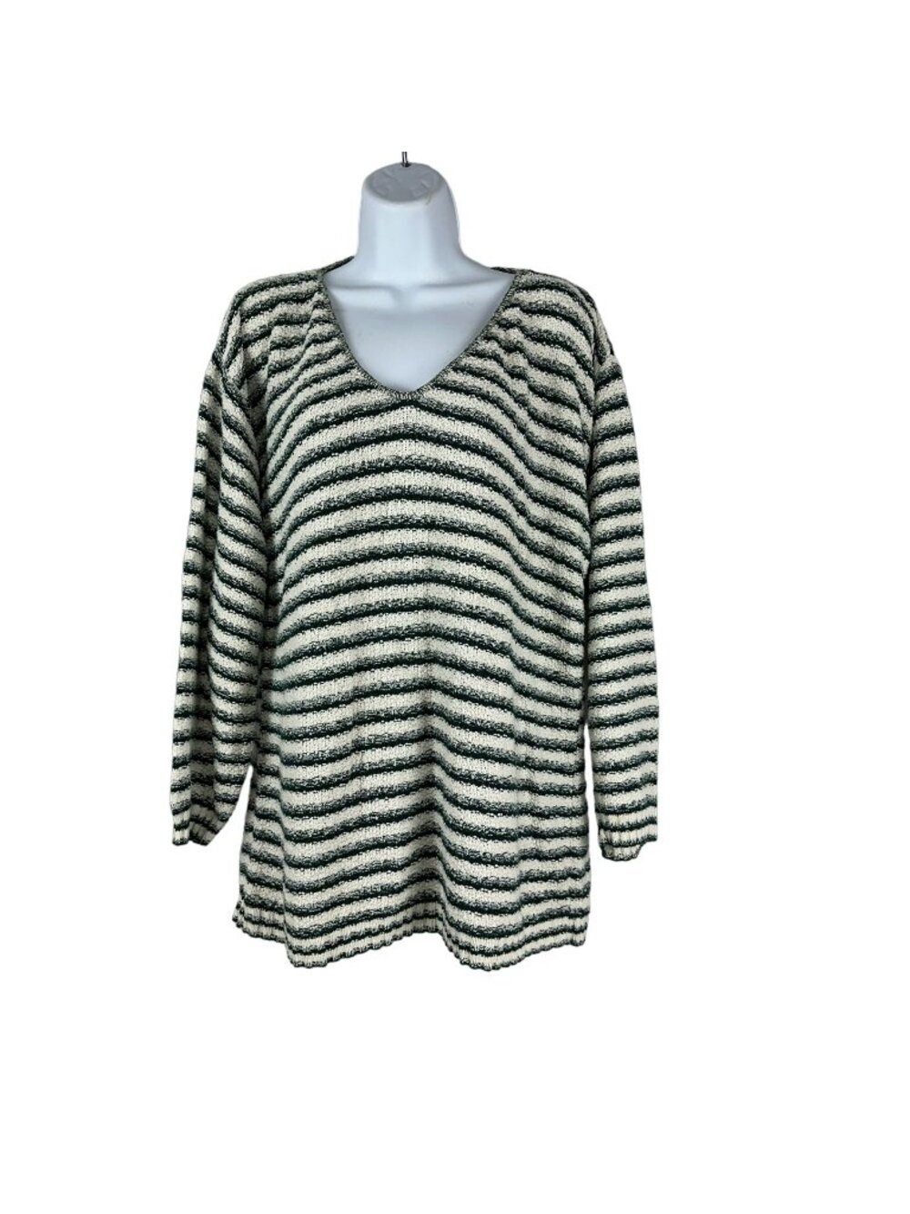 Helium Green & White Striped Womens Cotton Knit Sweater Long Sleeve Made In USA